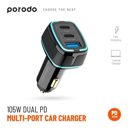 Porodo 105W Dual PD Multi-Port Super-Fast Car Charger - Black